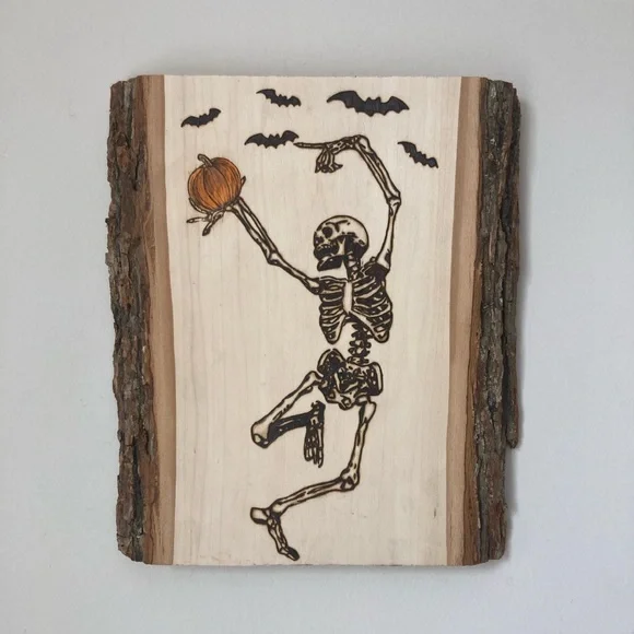 Dancing Skeleton - Pumpkins - Bats - Halloween - Seasonal - Pyrography - Decor - Picture 1 of 2